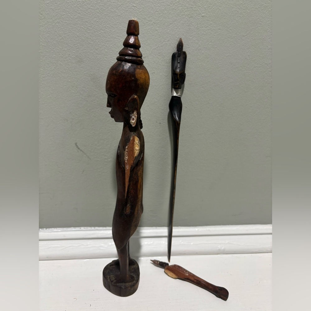 VTG Ugandan 1976 Hand Carved Wooden Maasai Warrior Figurine - Picture 3 of 16